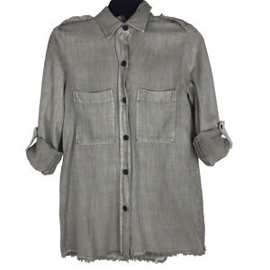 NWT Zara Button Up Shirt Long Roll Tab Sleeves Chambray Gray Denim Raw Hem Sz XS